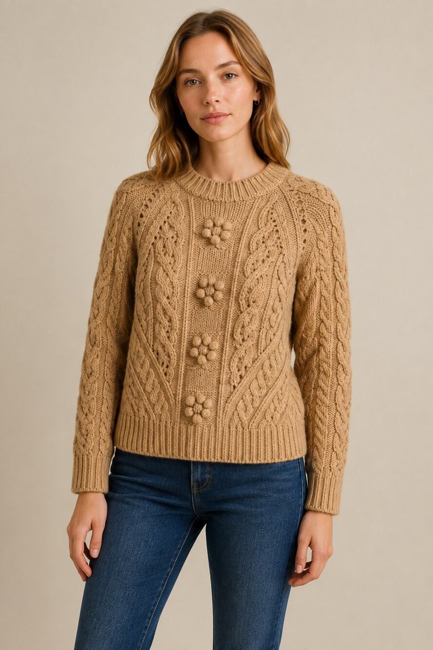 J.Crew Cable-Knit Pointelle Popcorn Flower Sweater – Camel Brown – Size M